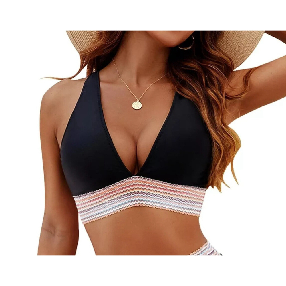 Blooming Jelly‎ Bikini Top Womens Black Medium Textured Hem Vneck Swim Wear NWT
